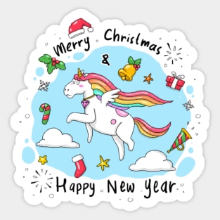 Merry Christmas Happy New Year Unicorn Sticker